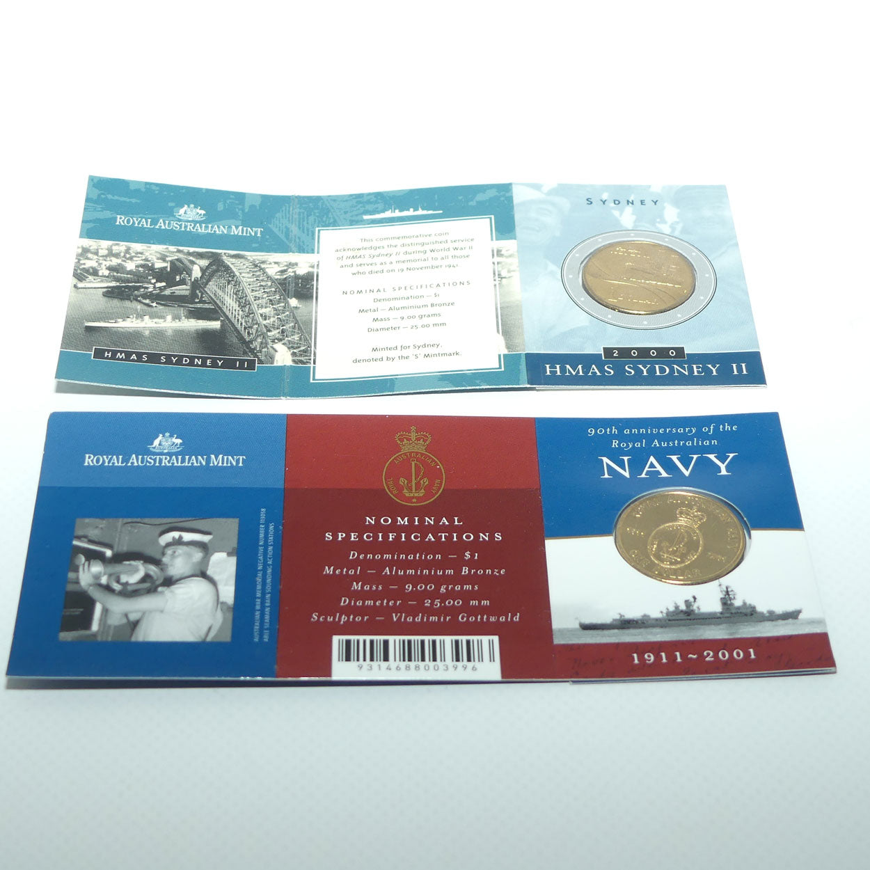 RAM 2000 - 2001 Australian Navy Collection of Commemorative coins | HMAS Sydney II Silver and Alum Bronze and 90th Anniv Navy