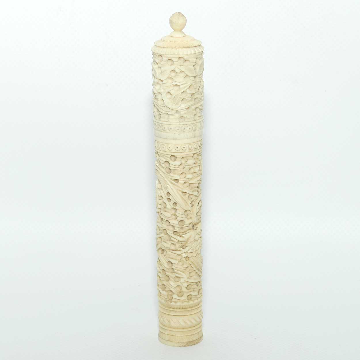 Chinese Carved Ivory needle case containing numerous counters