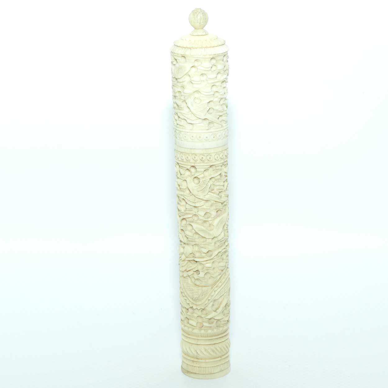 Chinese Carved Ivory needle case containing numerous counters