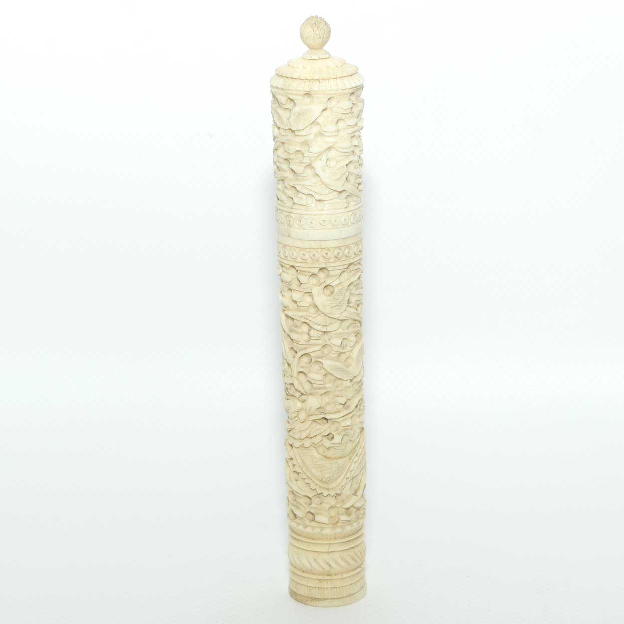 Chinese Carved Ivory needle case containing numerous counters