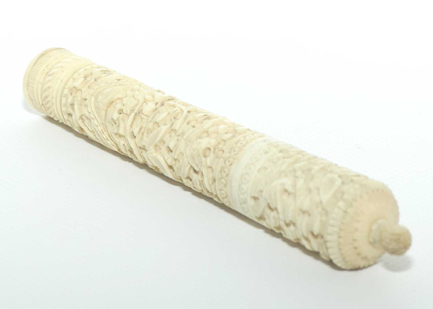 Chinese Carved Ivory needle case containing numerous counters