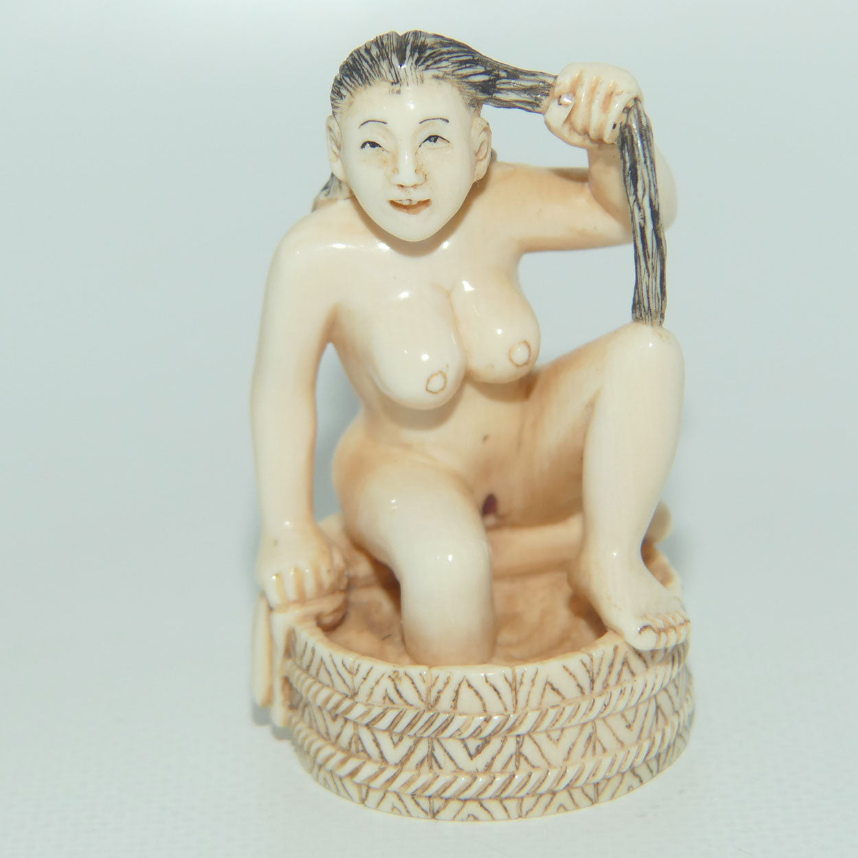 Japanese Carved Ivory Netsuke | Obscene | Geisha Washing Hair | Bathing