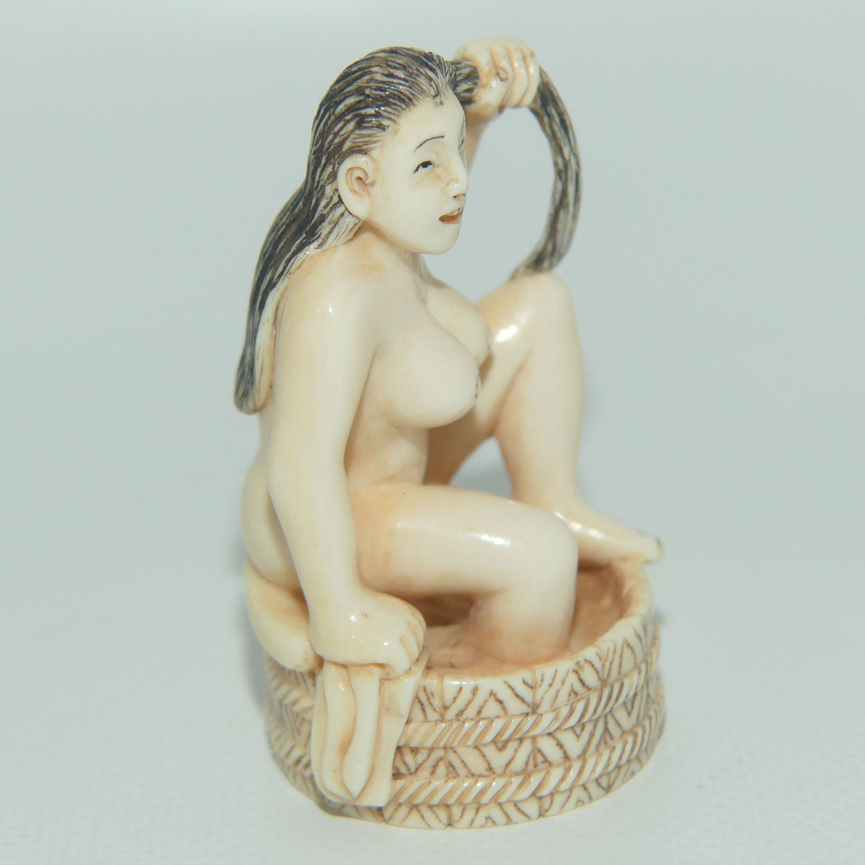 Japanese Carved Ivory Netsuke | Obscene | Geisha Washing Hair | Bathing