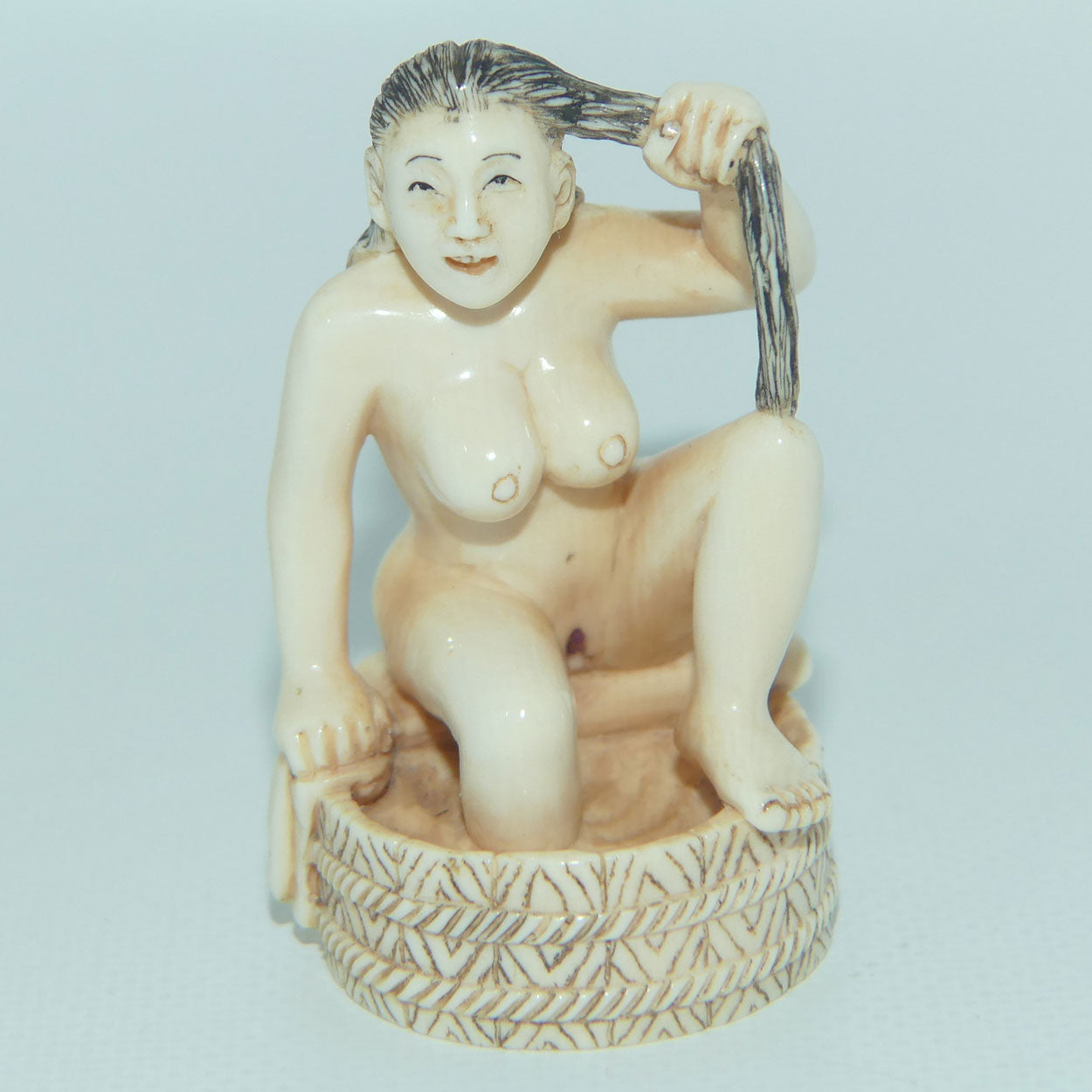 Japanese Carved Ivory Netsuke | Obscene | Geisha Washing Hair | Bathing