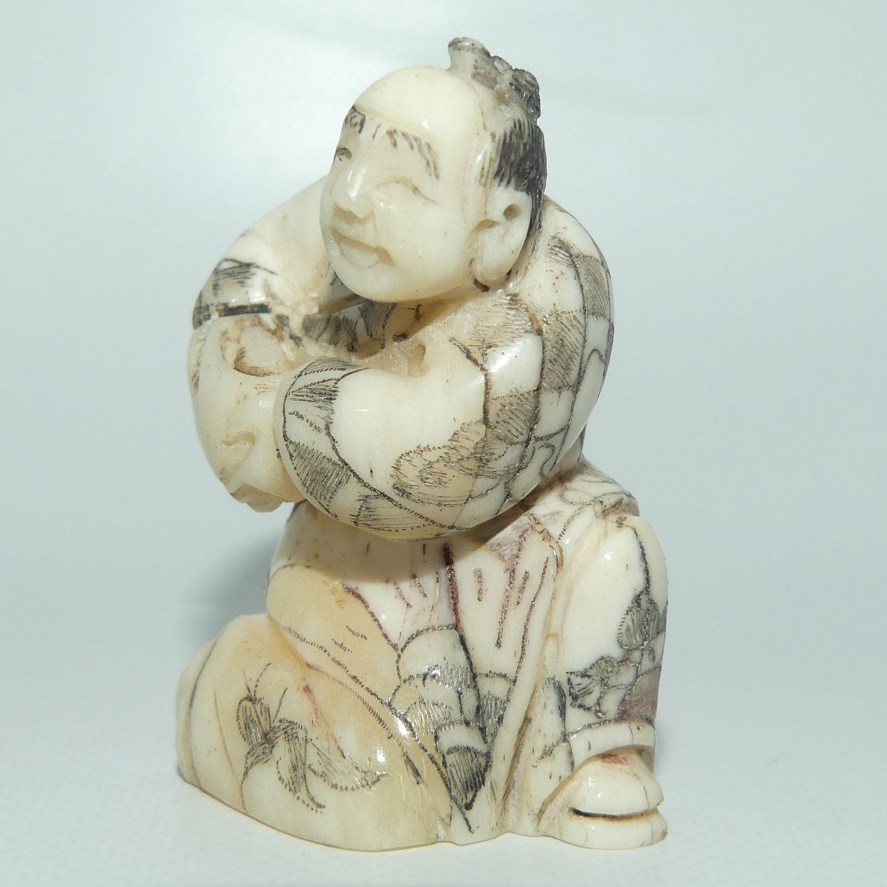 Japanese Carved Bone Netsuke | Old Medicine Man holding Bowl