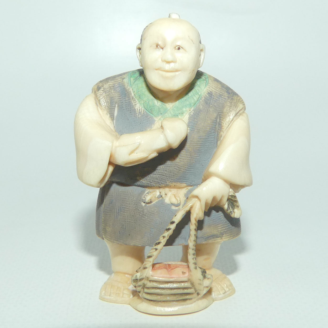 Japanese Carved Ivory Netsuke | Matsutake Mushroom Gatherer | Grey Robe | signed