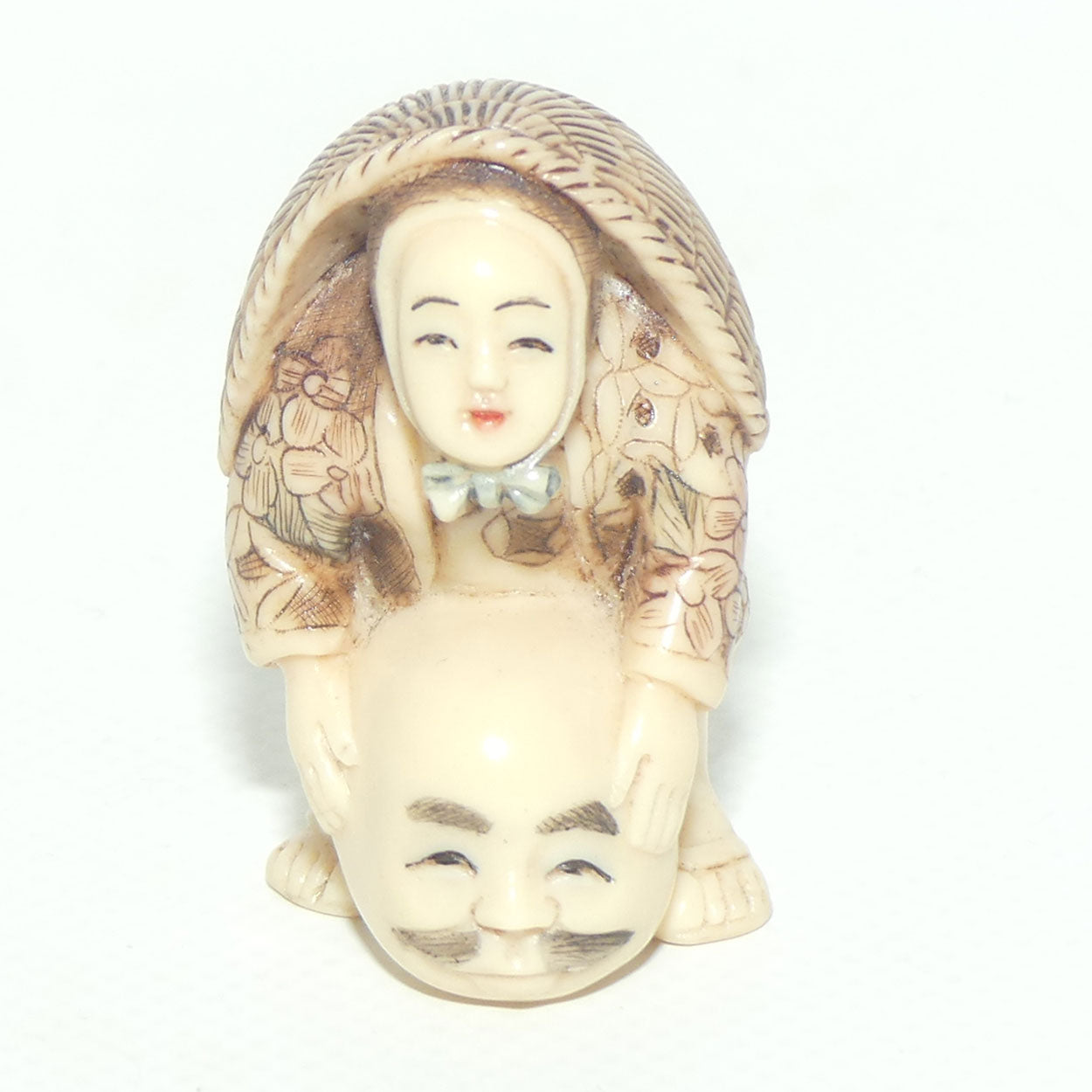 Vintage Japanese Carved Resin Netsuke | Woman with Mask