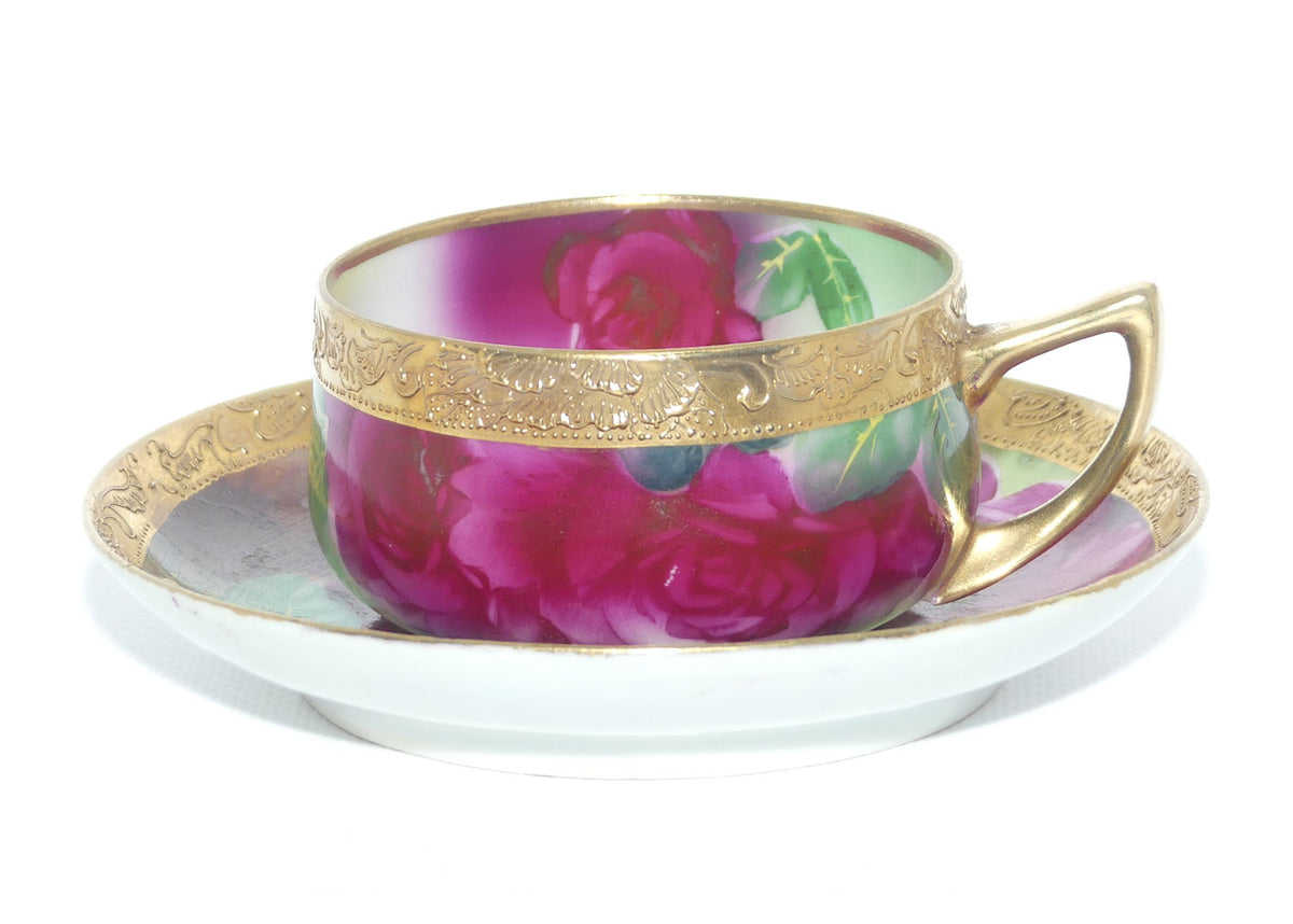 Vintage Hand Painted Nippon Floral and Gilt Jewelled tea duo