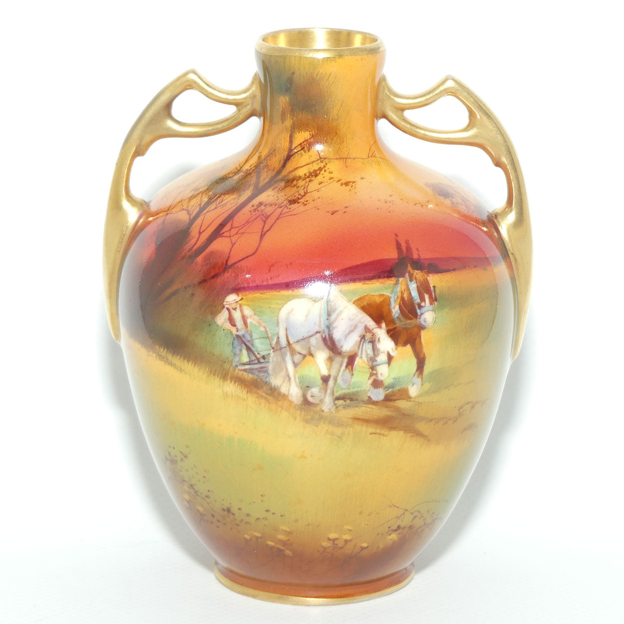 Royal Doulton hand painted Ploughing gilt twin handled vase | H Nixon | #2