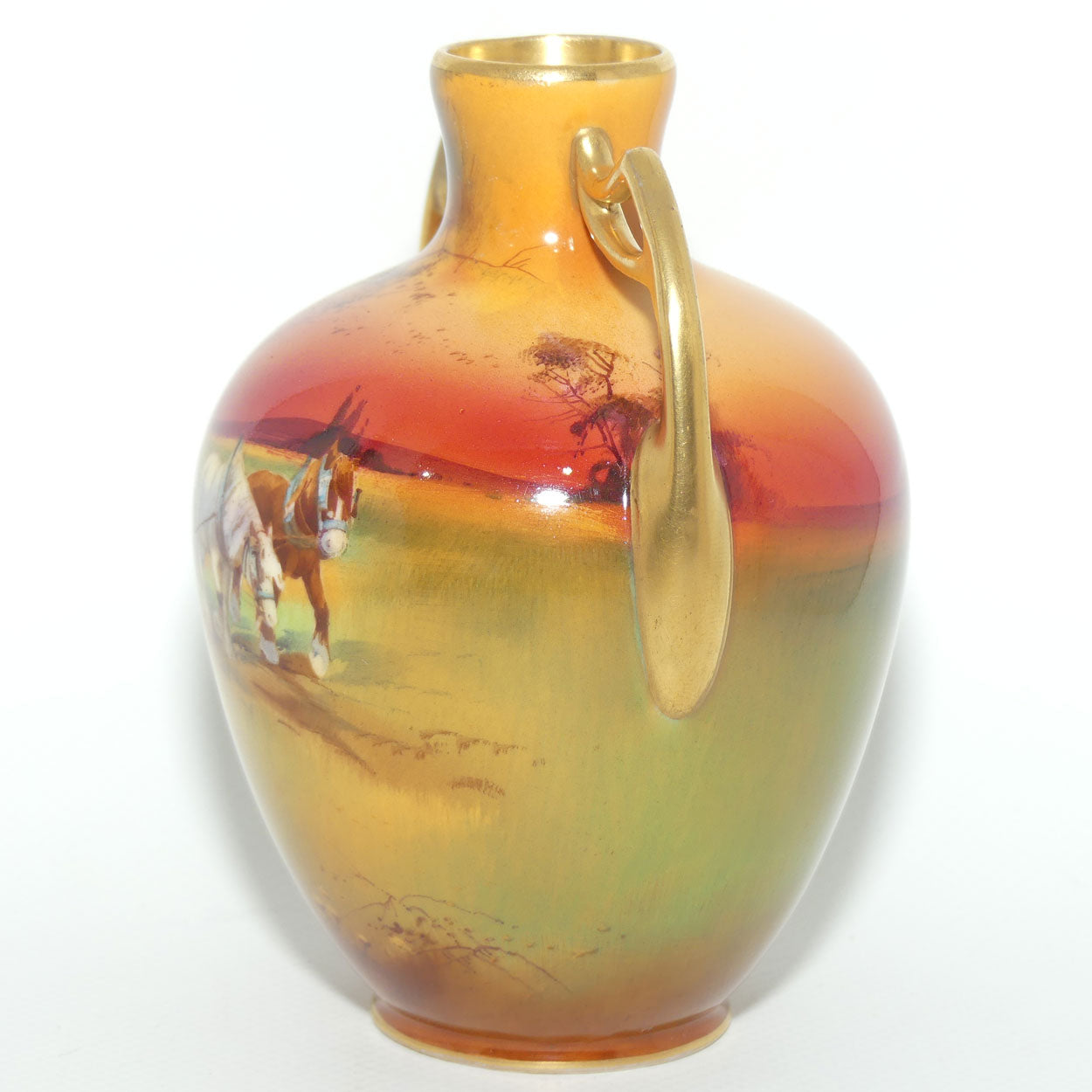 Royal Doulton hand painted Ploughing gilt twin handled vase | H Nixon | #2