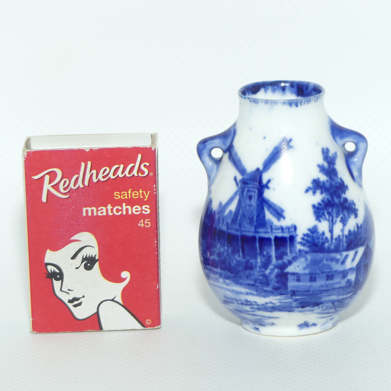 Royal Doulton Norfolk Blue and White miniature vase | Twin Handle | Windmill scene