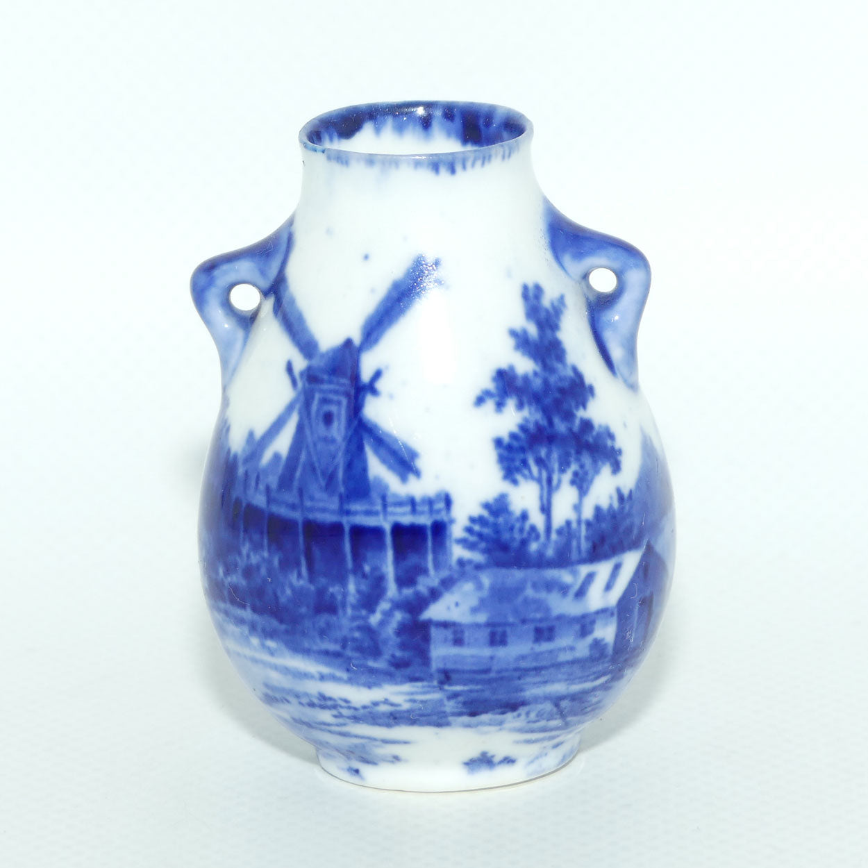 Royal Doulton Norfolk Blue and White miniature vase | Twin Handle | Windmill scene