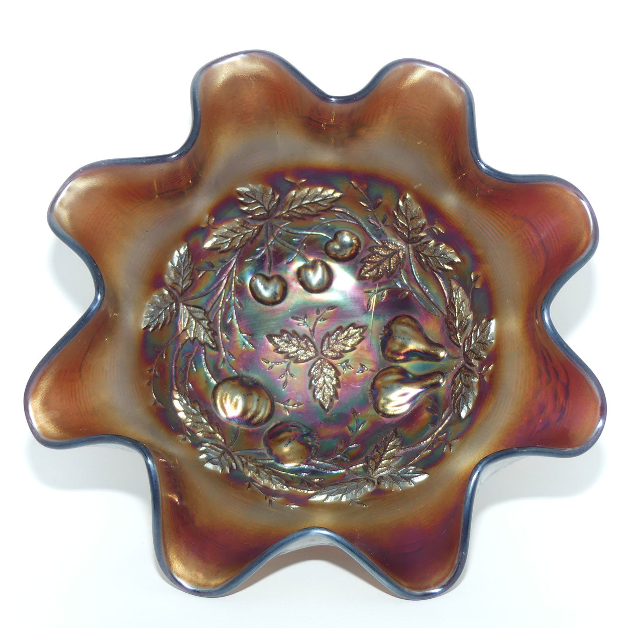 Northwood Carnival Glass Plum colour Cherries and Pears bowl | Lattice exterior