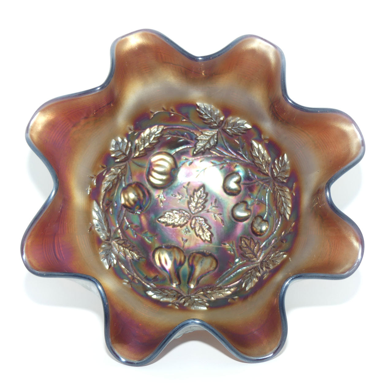 Northwood Carnival Glass Plum colour Cherries and Pears bowl | Lattice exterior