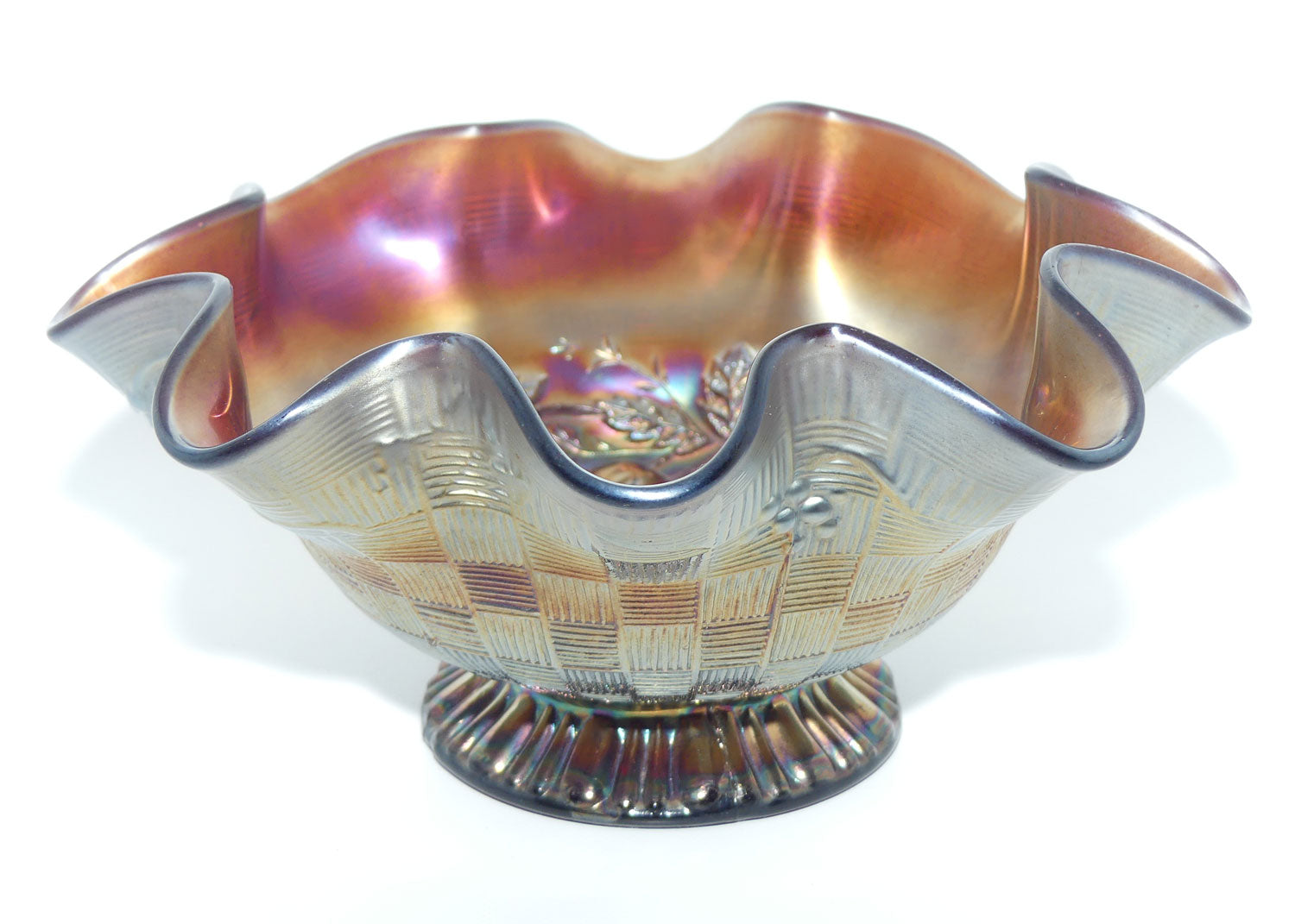 Northwood Carnival Glass Plum colour Cherries and Pears bowl | Lattice exterior