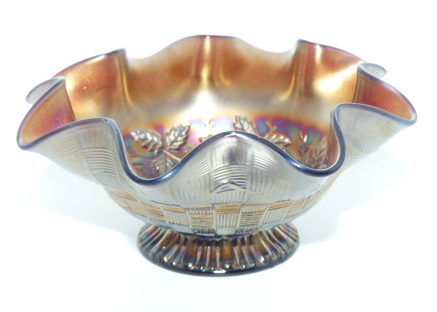 Northwood Carnival Glass Plum colour Cherries and Pears bowl | Lattice exterior