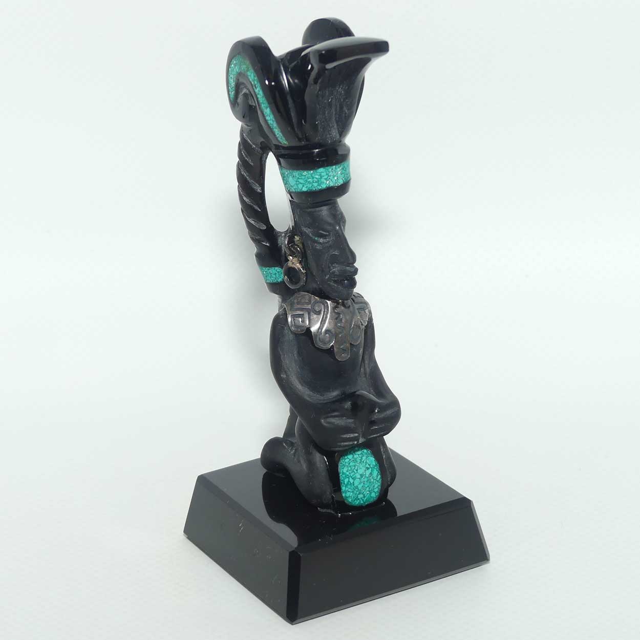 Aztec or Mayan Carving | Black Onyx and Malachite and Silver | figure represents the Month of December