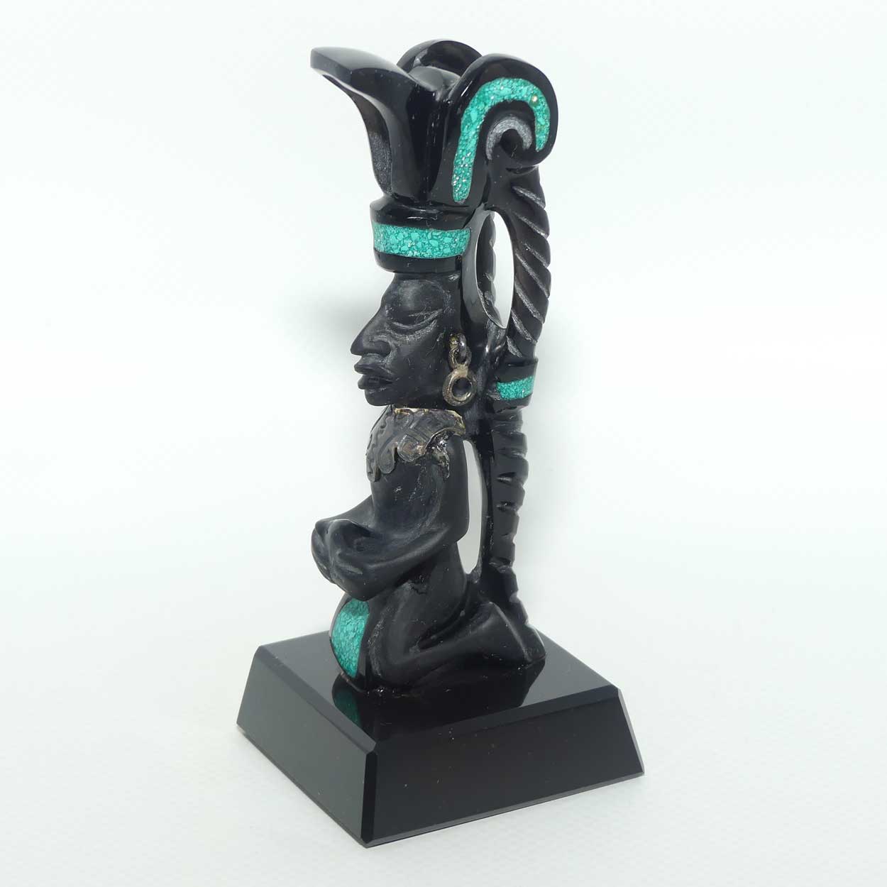 Aztec or Mayan Carving | Black Onyx and Malachite and Silver | figure represents the Month of December