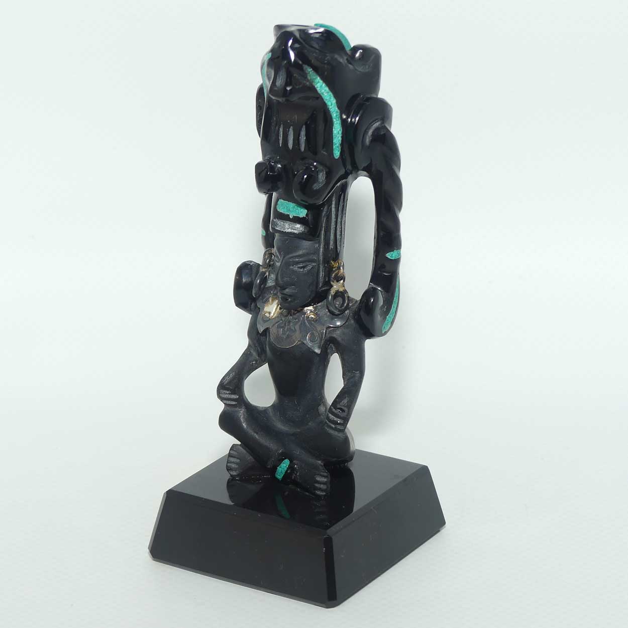 Aztec or Mayan Carving | Black Onyx and Malachite and Silver | figure represents the Month of May