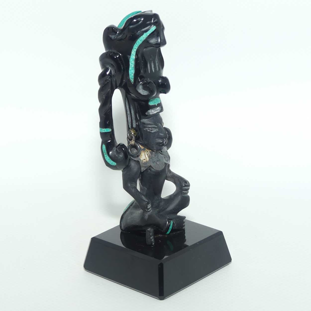 Aztec or Mayan Carving | Black Onyx and Malachite and Silver | figure represents the Month of May