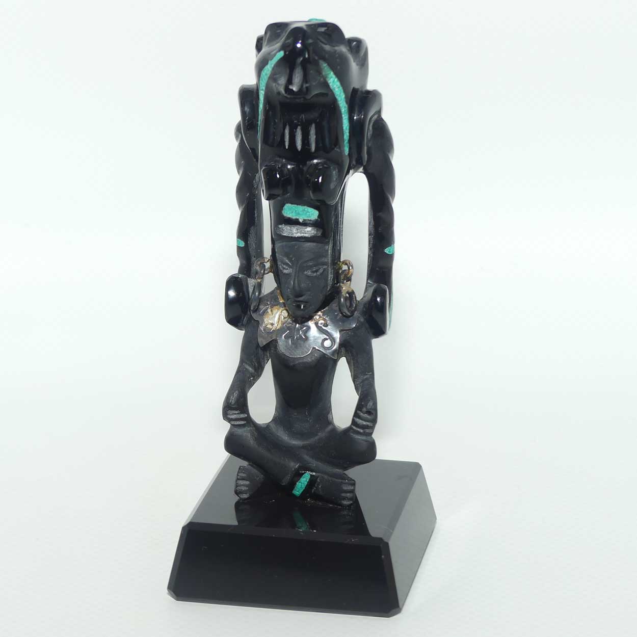 Aztec or Mayan Carving | Black Onyx and Malachite and Silver | figure represents the Month of May