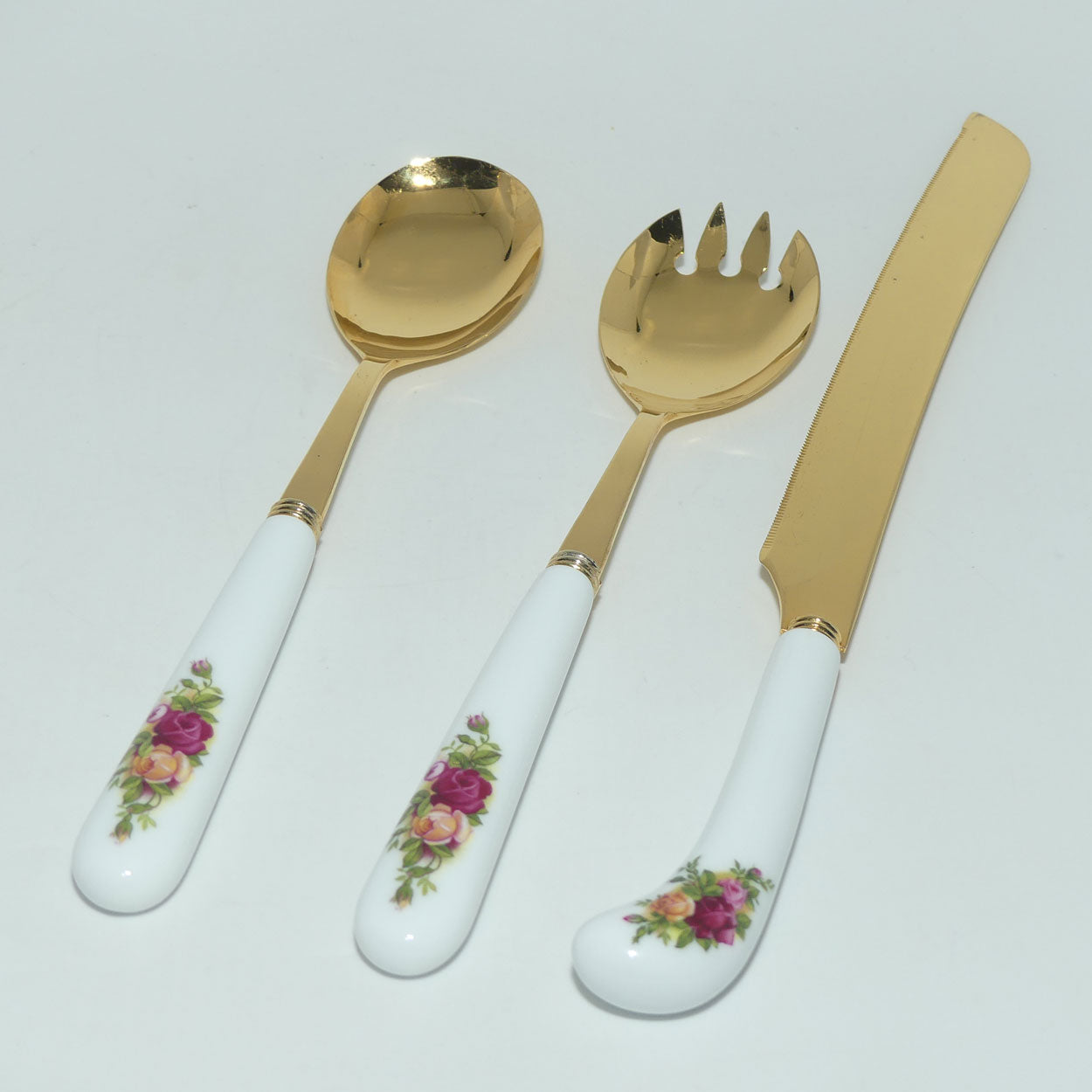 Royal Albert Bone China Old Country Roses cutlery | salad servers + bread knife