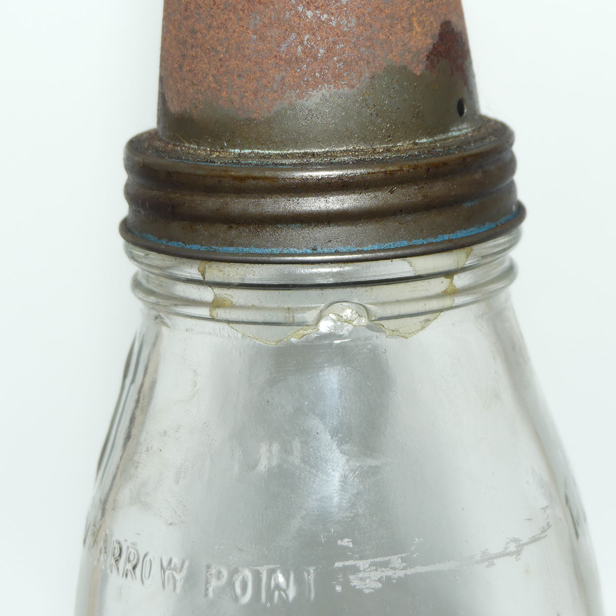 Vintage Imperial Quart Glass Oil Bottle | Crown Mark | 2 rusted metal tops