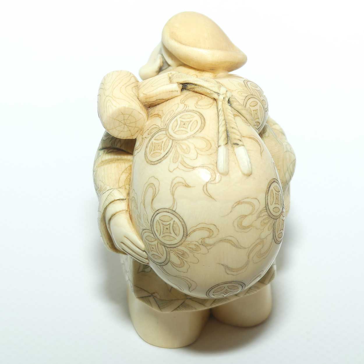 Japanese Carved Ivory Okimono figure | Travelling Man Carrying large Sack