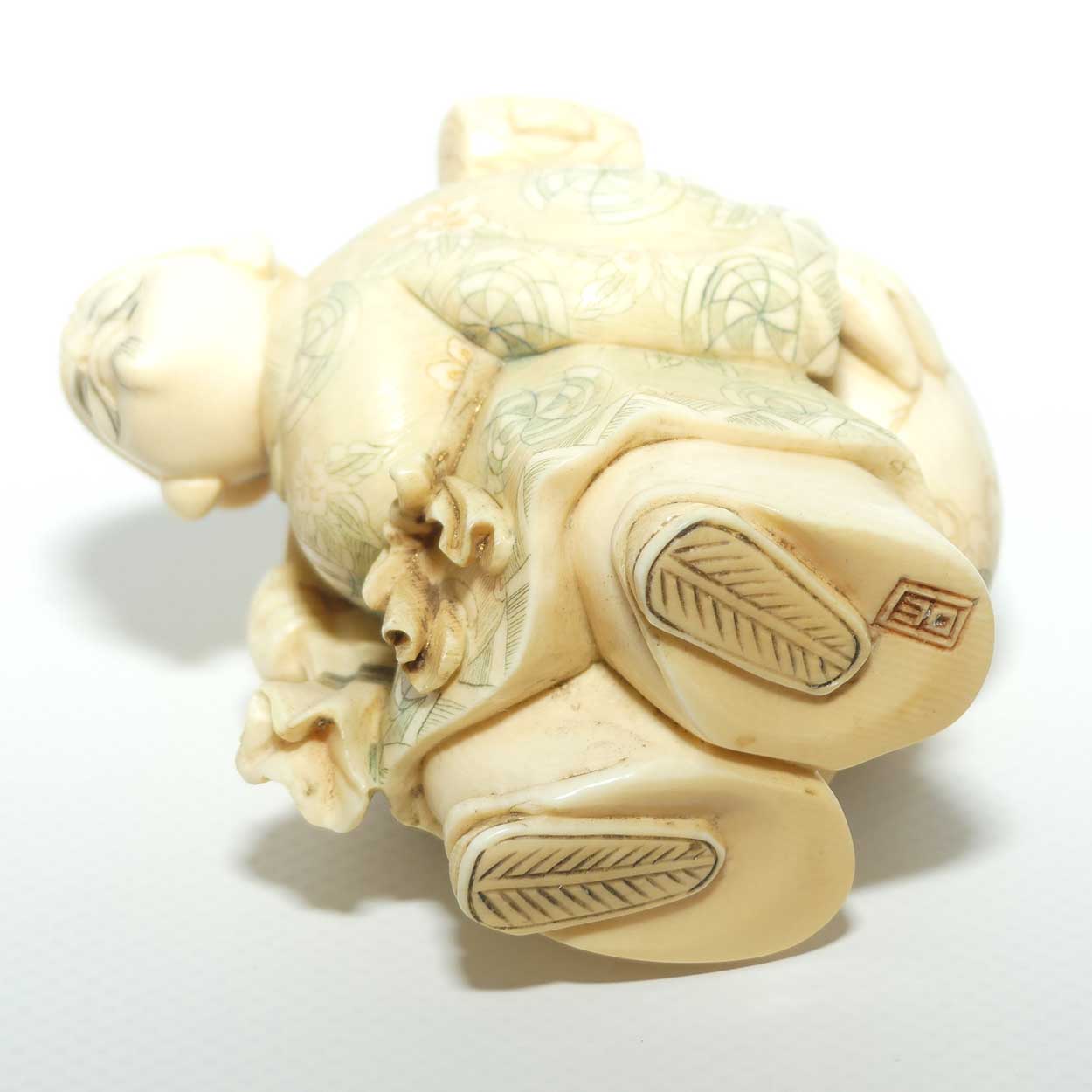 Japanese Carved Ivory Okimono figure | Travelling Man Carrying large Sack