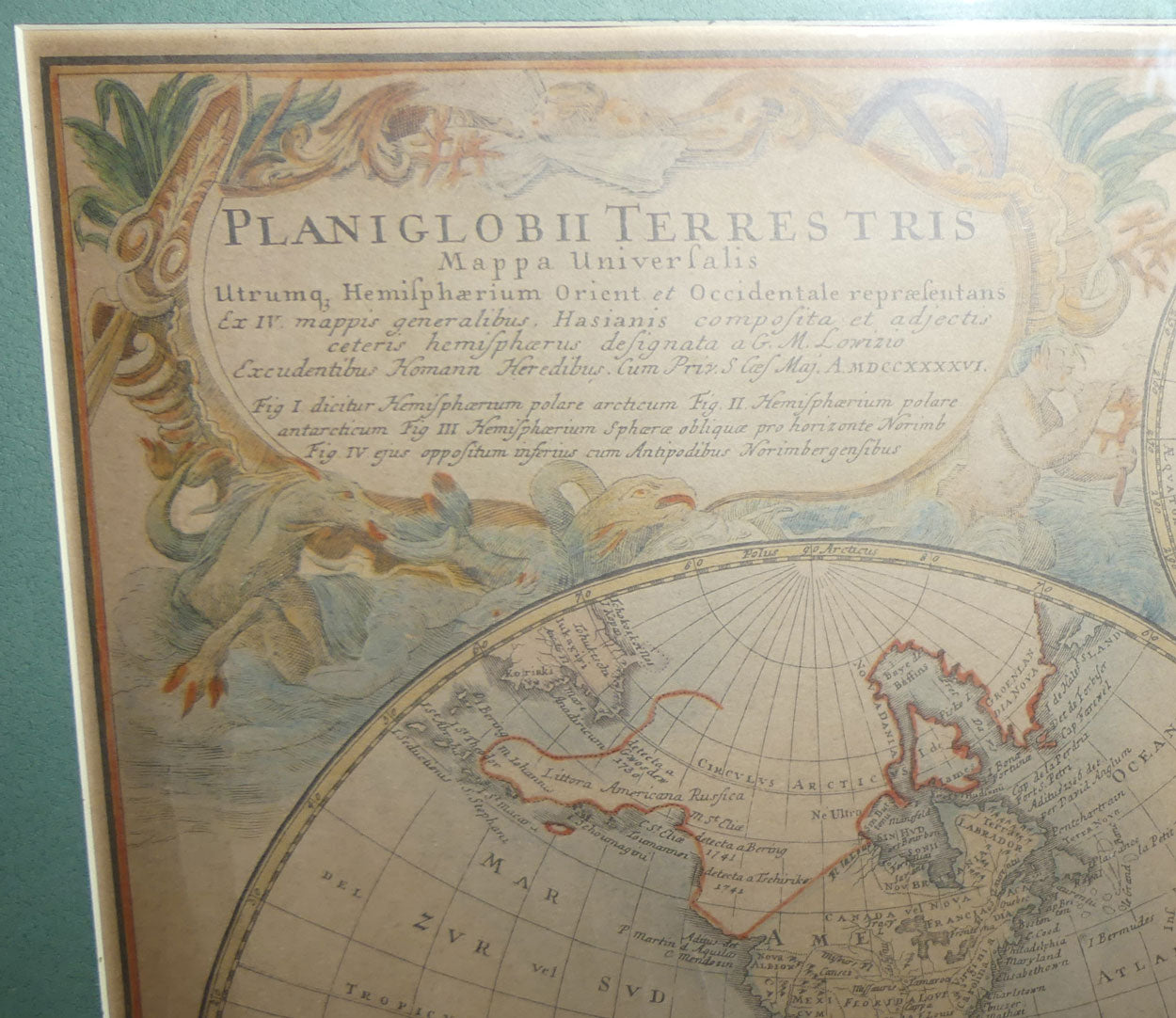Large Framed Antiquarian Print | Planiglobii Terrestris Mappa Universalis | Artist: Johann Baptist Homann