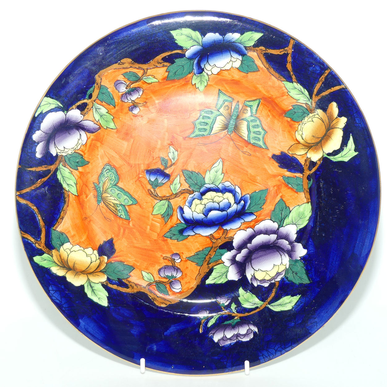 Maling plate Art Deco hand enamelled Butterfly and Peony plate 5028 | Orange Ground and Blue Border
