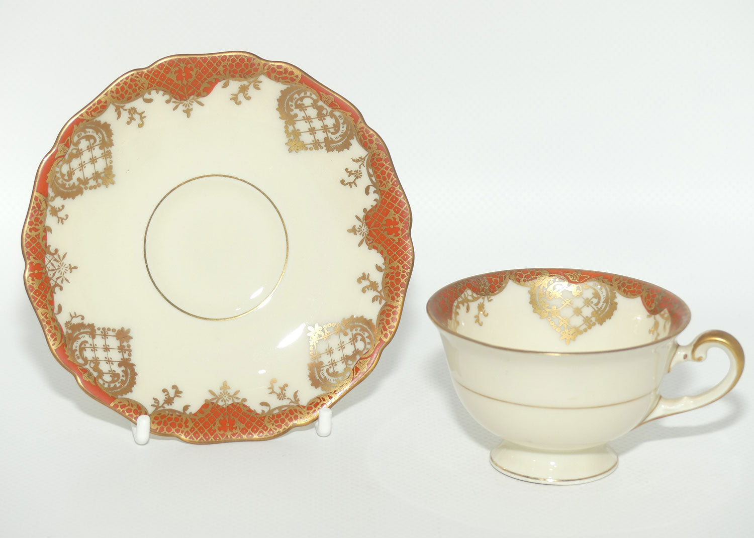 Hutschenreuther Germany demi tasse duo | Red trim with Gilt Overlay