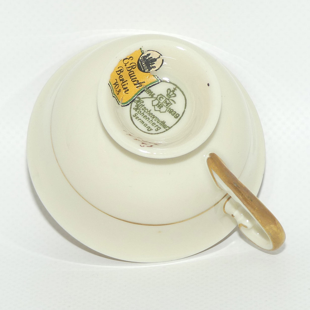 Hutschenreuther Germany demi tasse duo | Red trim with Gilt Overlay