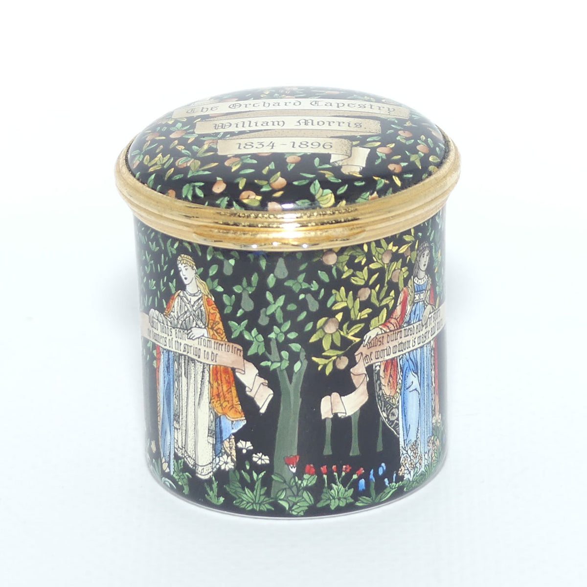 Halycon Days Enamels | enamel trinket box | The Orchard Tapestry | William Morris 1834 - 1896