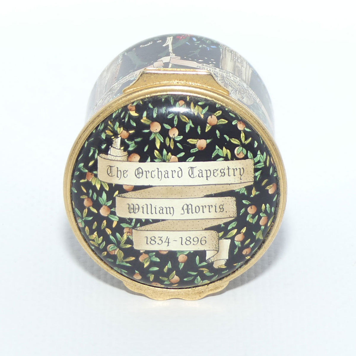 Halycon Days Enamels | enamel trinket box | The Orchard Tapestry | William Morris 1834 - 1896
