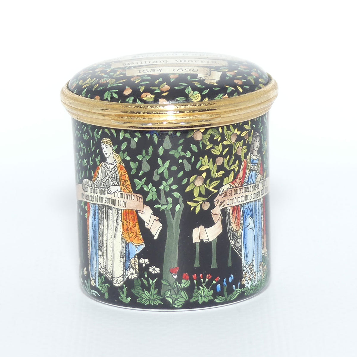 Halycon Days Enamels | enamel trinket box | The Orchard Tapestry | William Morris 1834 - 1896