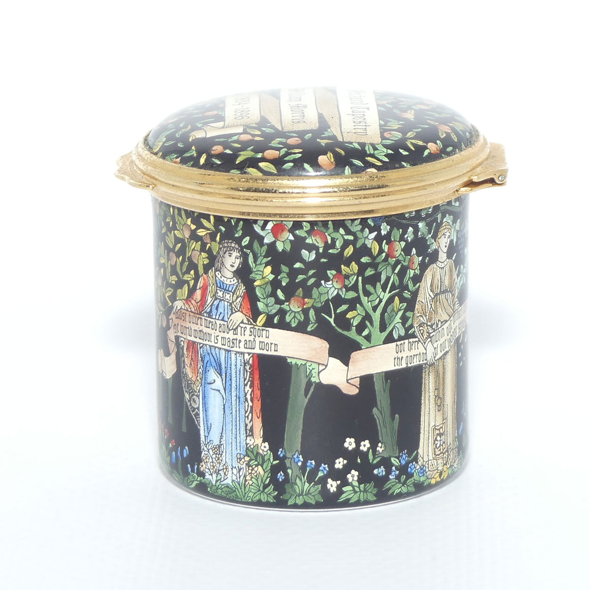 Halycon Days Enamels | enamel trinket box | The Orchard Tapestry | William Morris 1834 - 1896