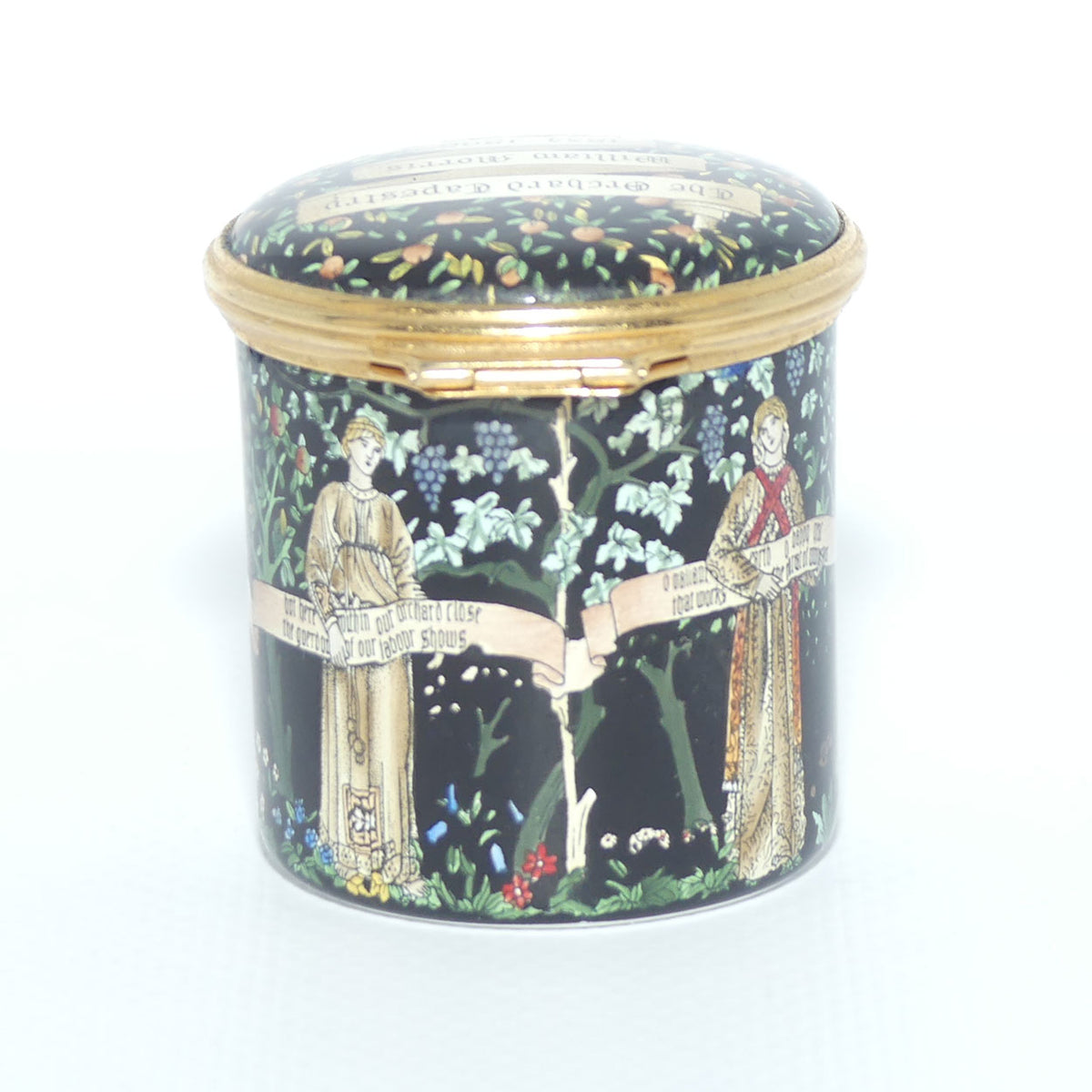 Halycon Days Enamels | enamel trinket box | The Orchard Tapestry | William Morris 1834 - 1896