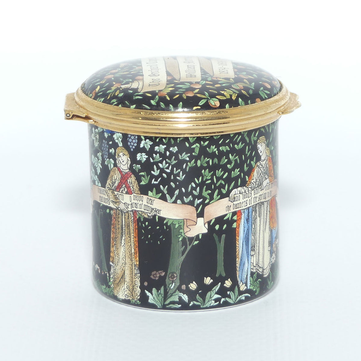 Halycon Days Enamels | enamel trinket box | The Orchard Tapestry | William Morris 1834 - 1896