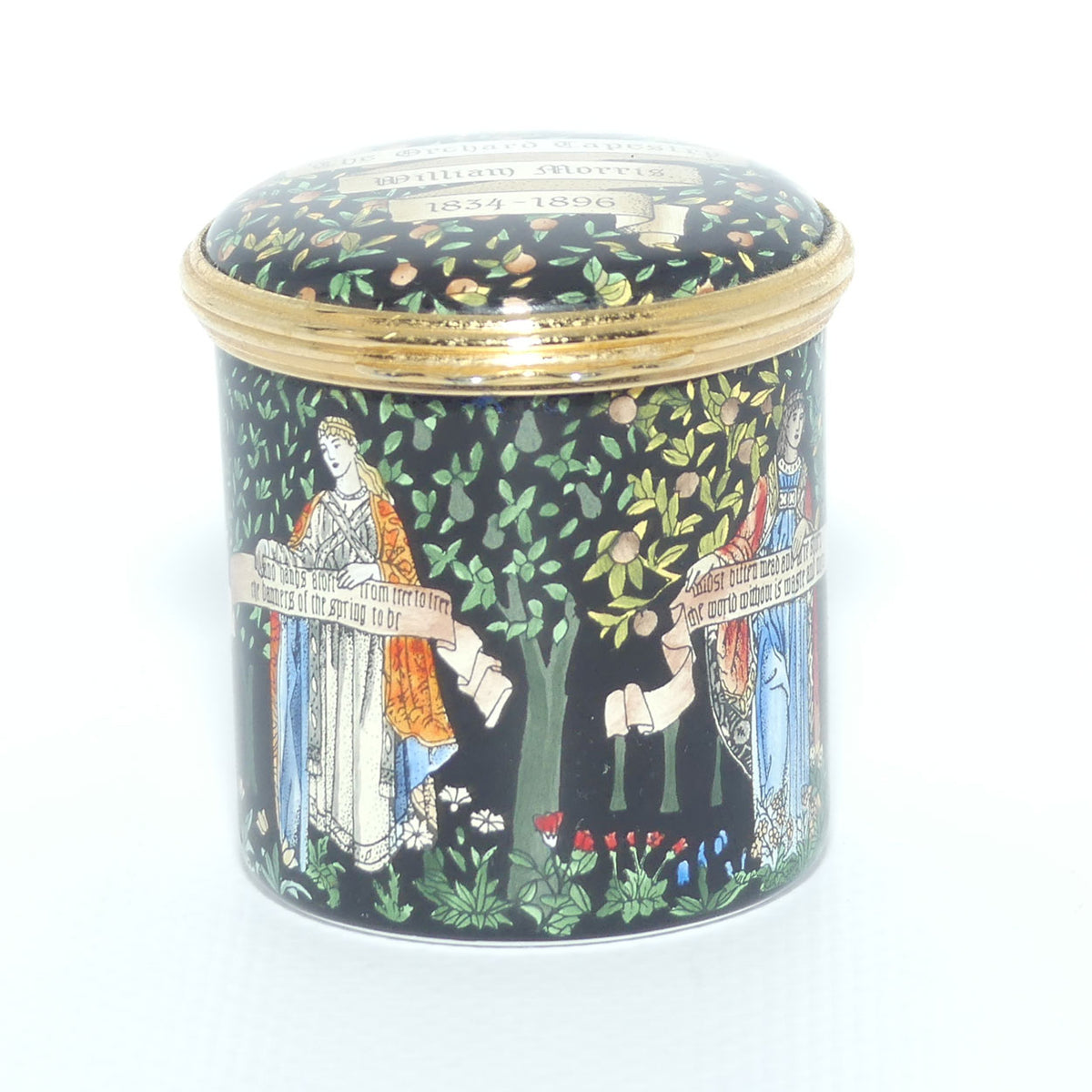 Halycon Days Enamels | enamel trinket box | The Orchard Tapestry | William Morris 1834 - 1896