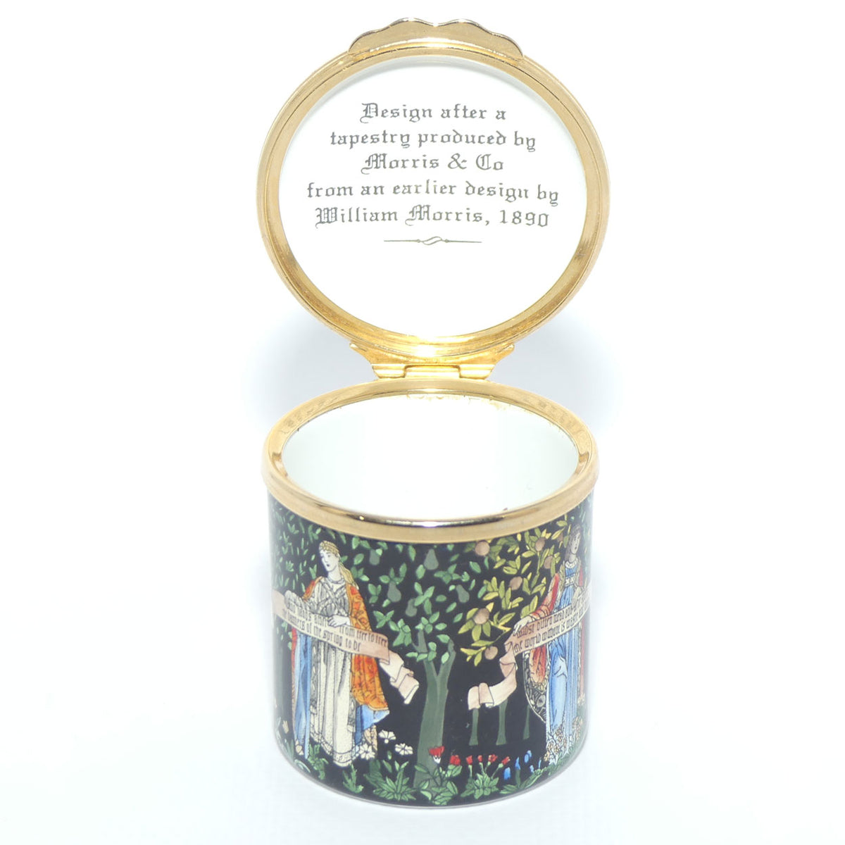 Halycon Days Enamels | enamel trinket box | The Orchard Tapestry | William Morris 1834 - 1896