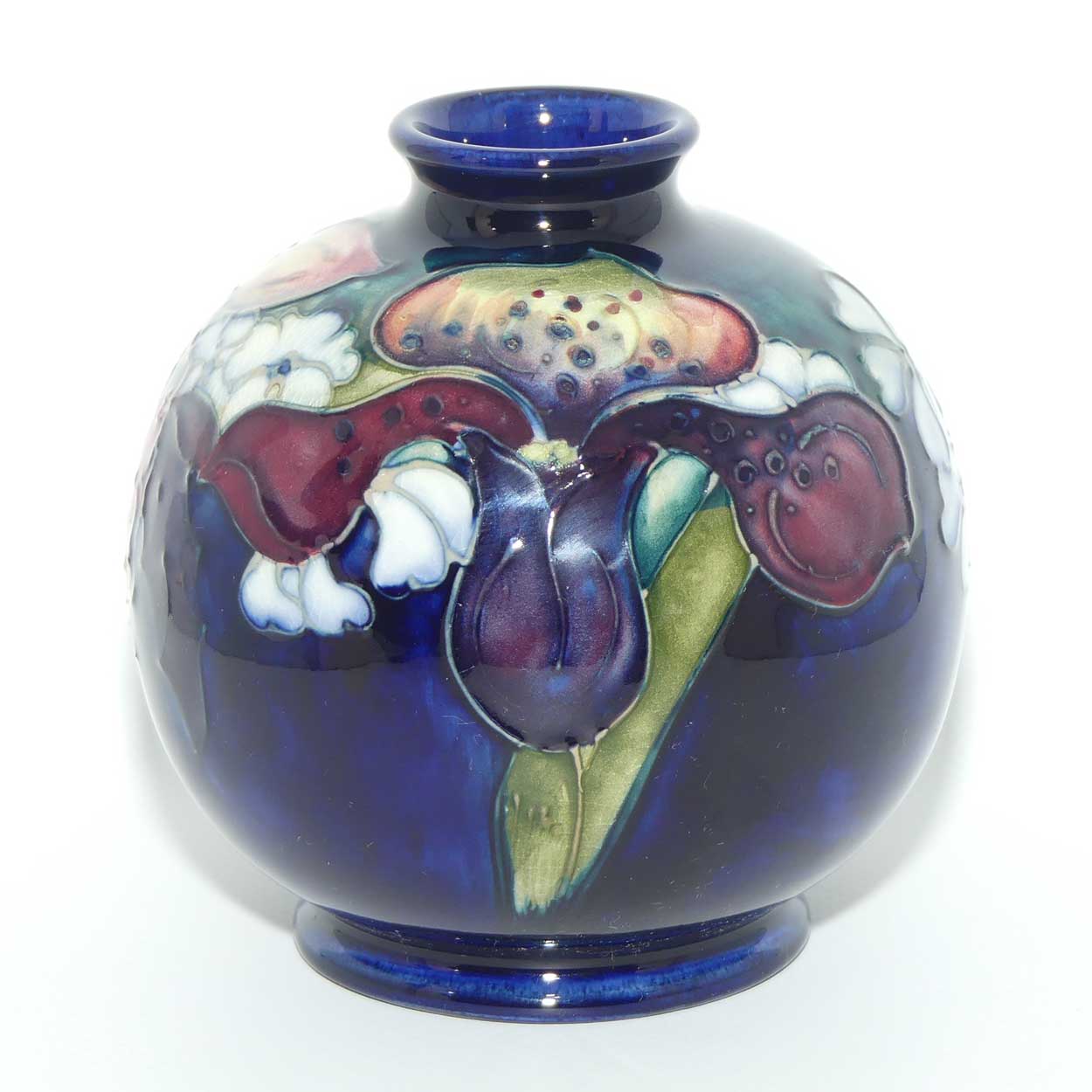 Walter Moorcroft Orchid on Dark Blue Ground ball vase | Shape 41/4