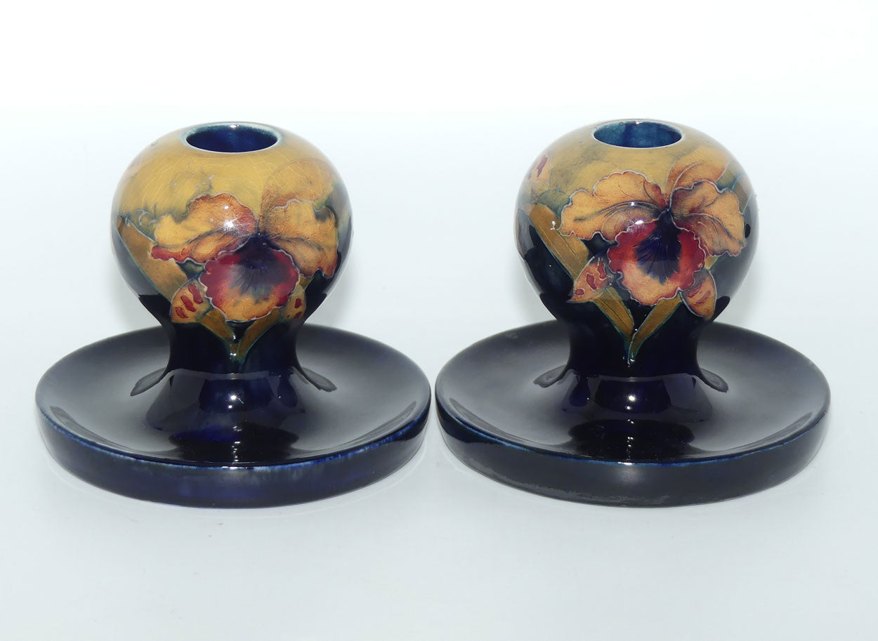 William Moorcroft Orchid on Ochre Ground Globular candlesticks