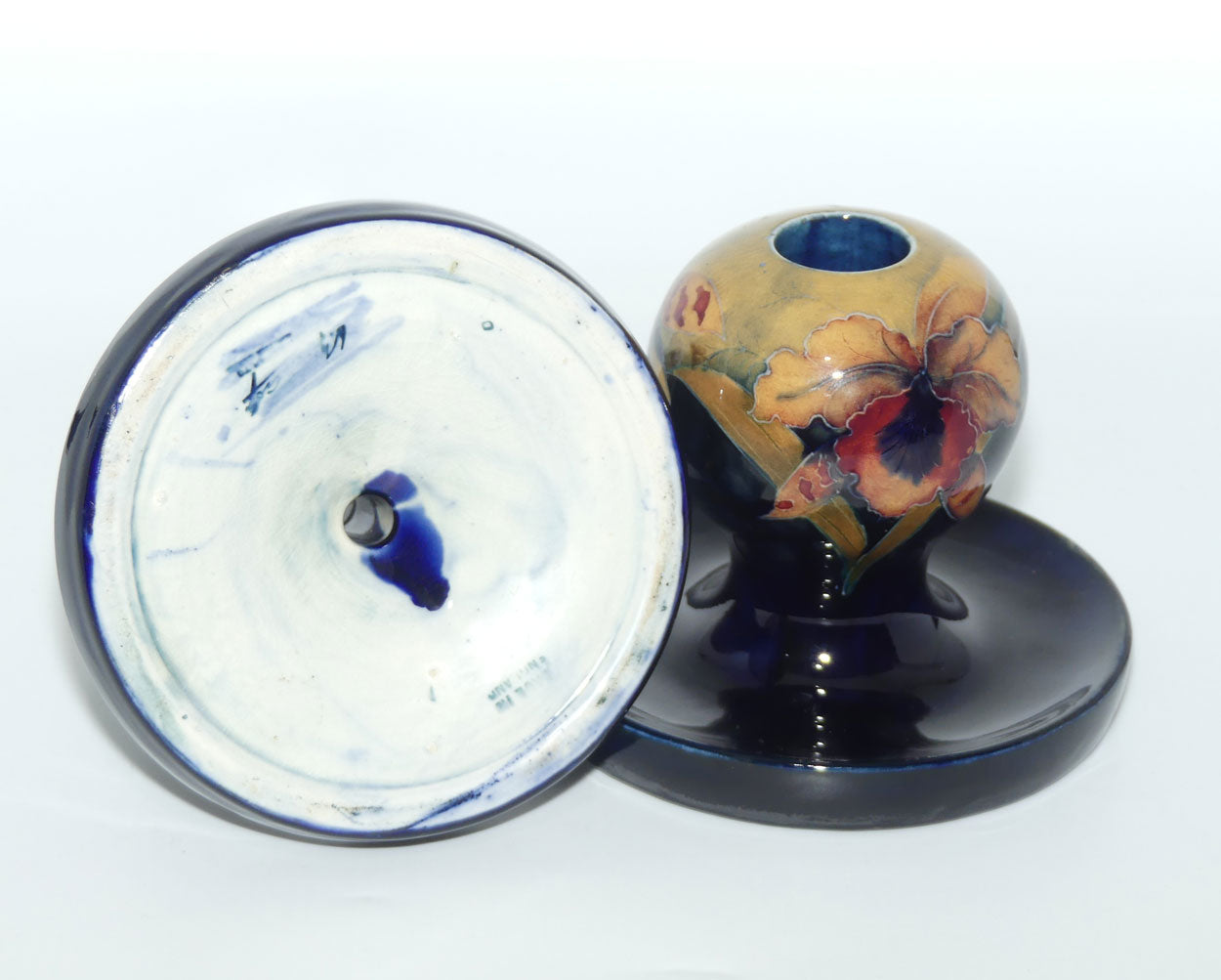 William Moorcroft Orchid on Ochre Ground Globular candlesticks