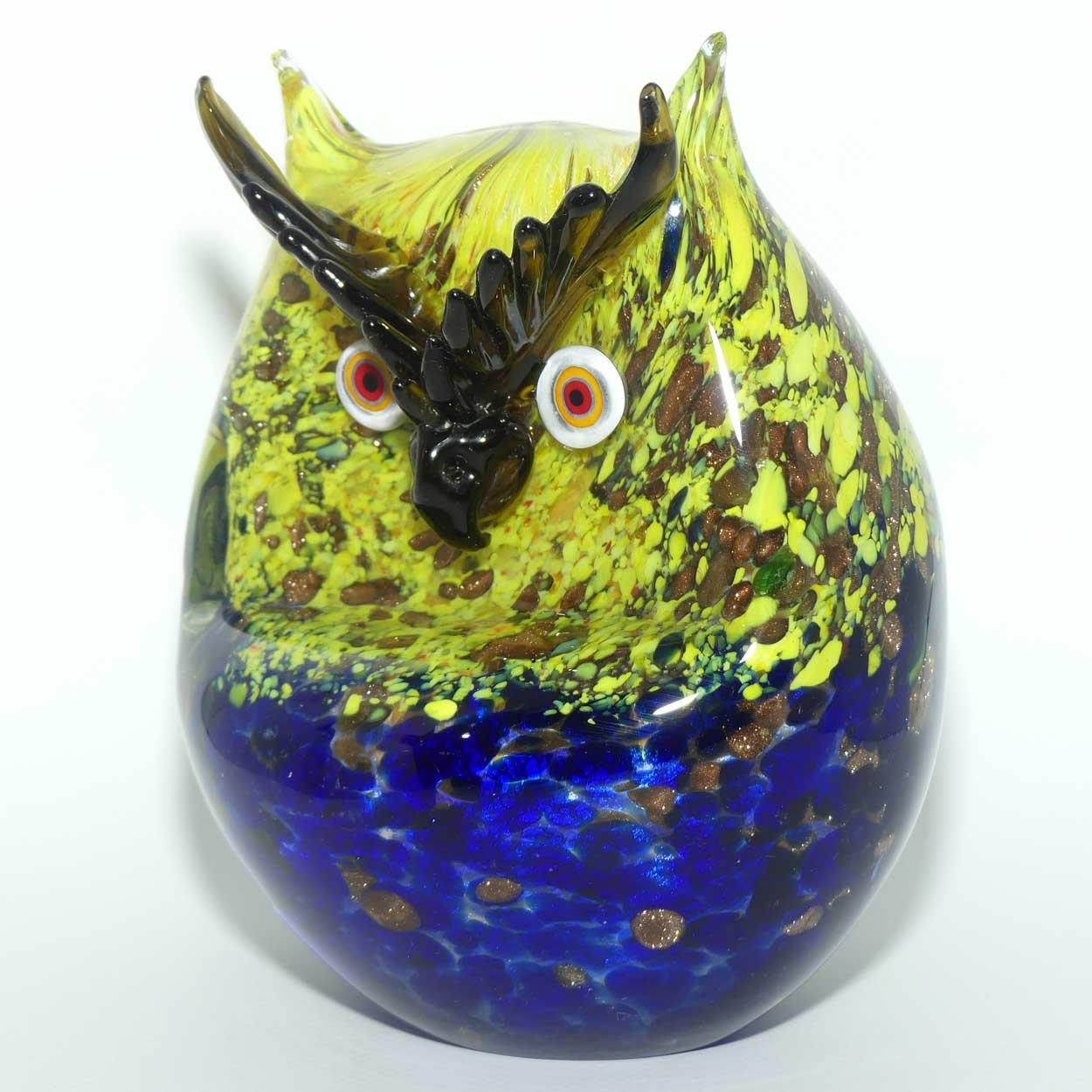 Murano Glass Owl figure | 16cm | Blue and Yellow and Gold Fleck