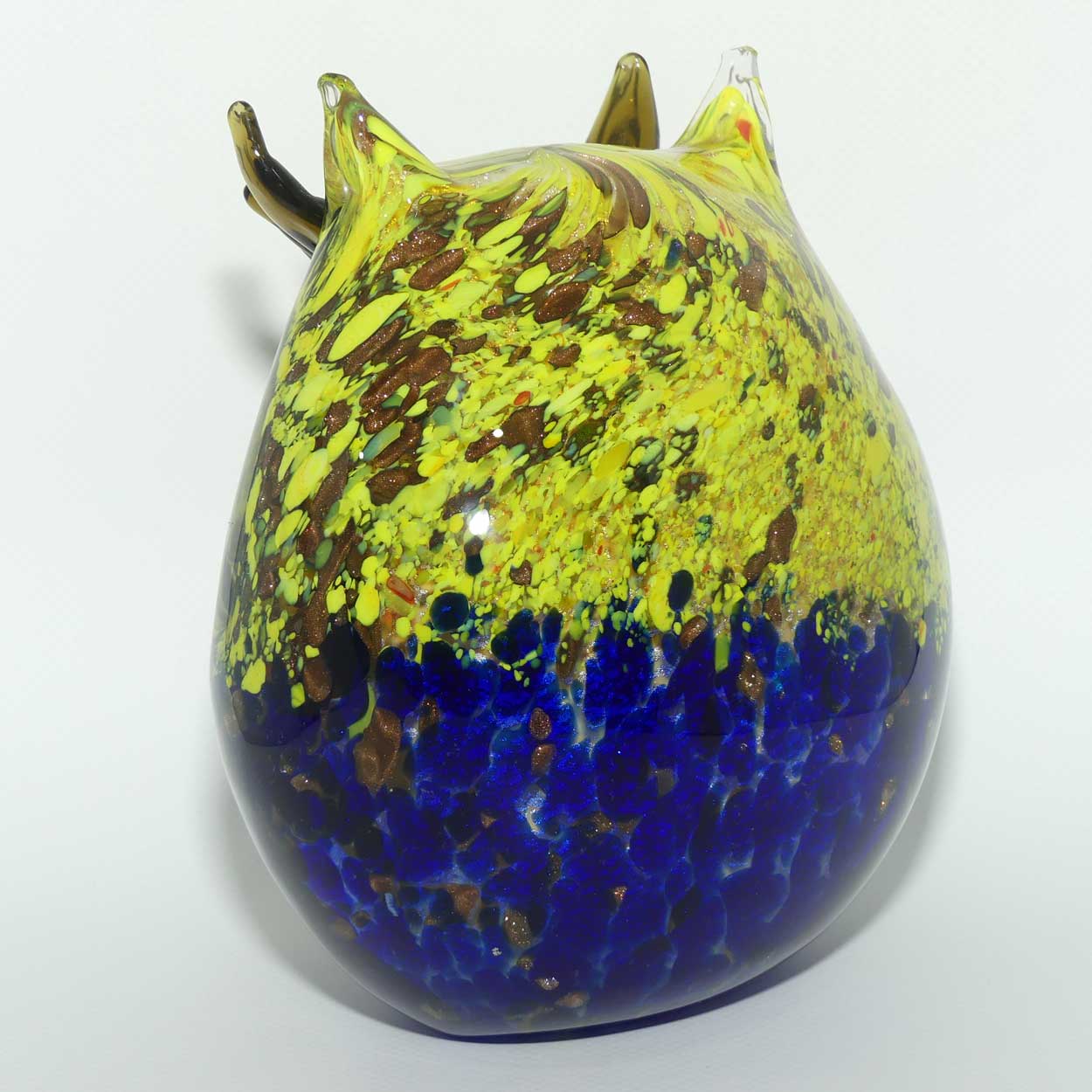 Murano Glass Owl figure | 16cm | Blue and Yellow and Gold Fleck