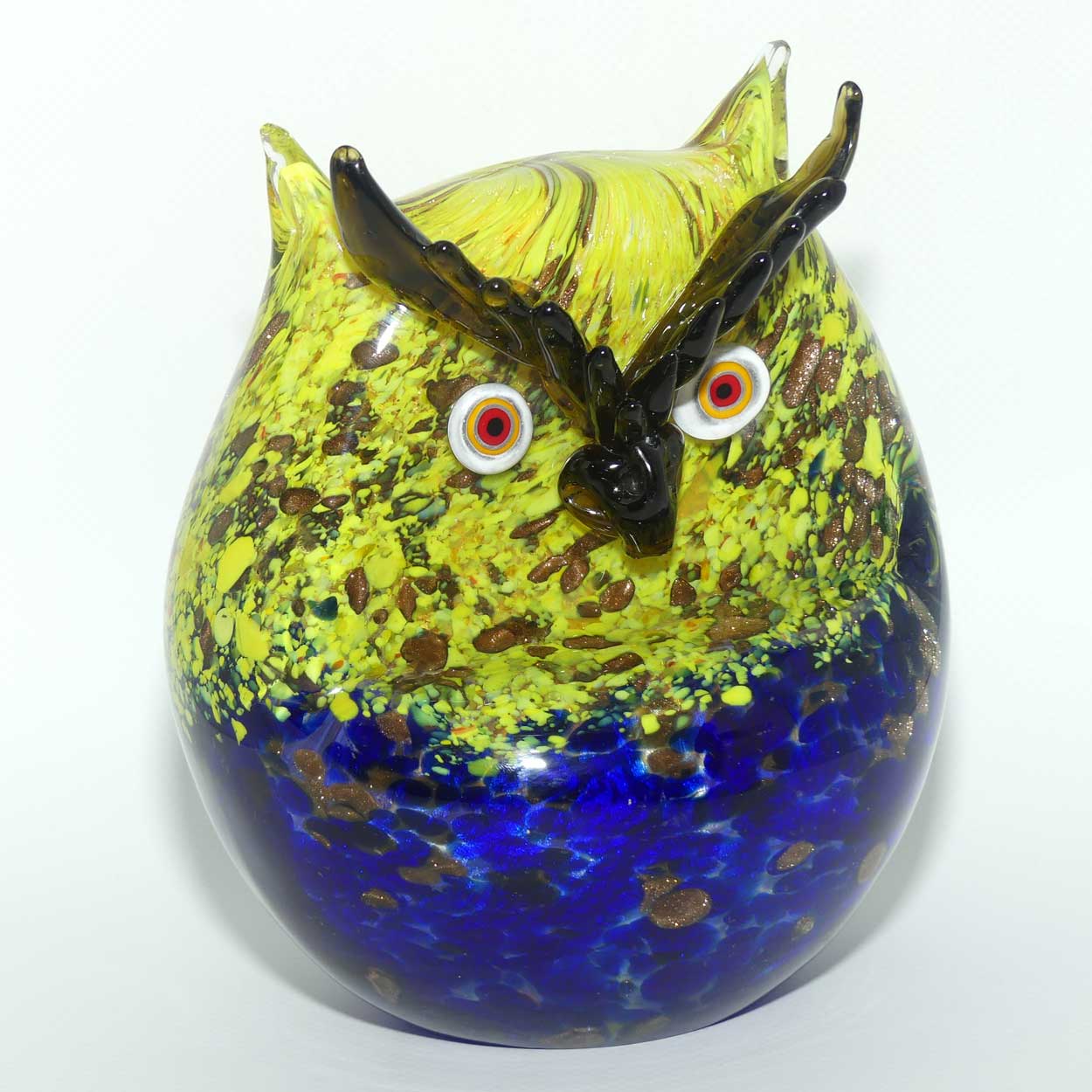 Murano Glass Owl figure | 16cm | Blue and Yellow and Gold Fleck