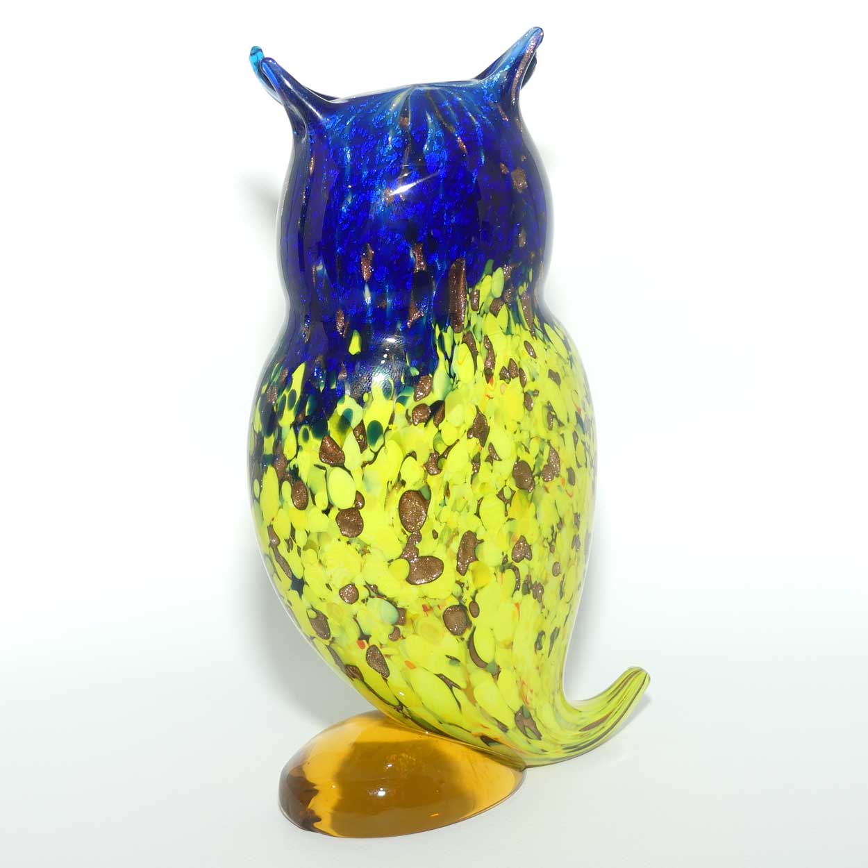 Murano Glass Owl figure | 23cm | Blue and Yellow and Gold Fleck | Blue Eyebrows