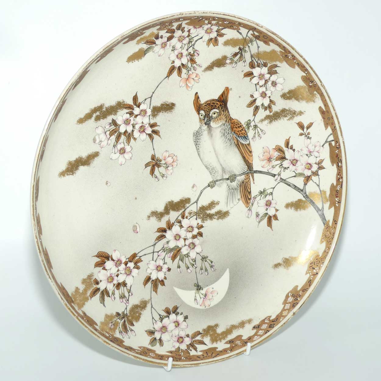 Antique Japanese Satsuma charger decorated with an Owl amongst Cherry Blossoms