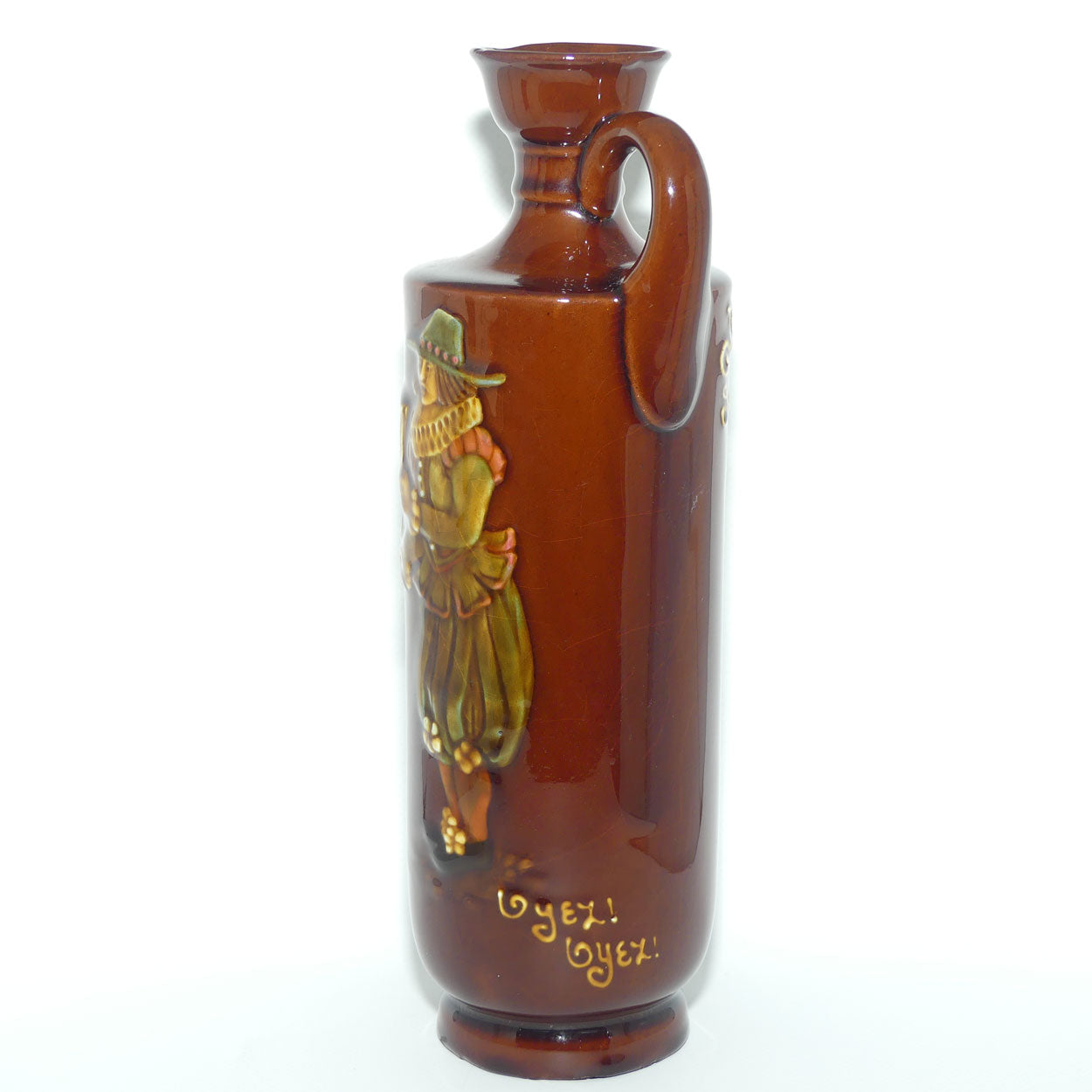 Royal Doulton Kingsware Oyez Oyez tall cylindrical flask | Dewars Scotch Whisky